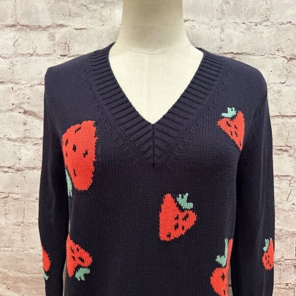 LOFT Sweater Womens XS Blue Strawberry Knit Cotton V-Neck Pullover Casual NEW - Picture 2 of 5
